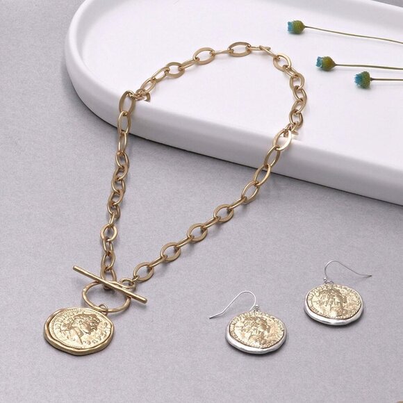 Chunky Coin Fashion Gold Necklace Trendy Statement Toggle Necklaces Women Antiqu - Picture 6 of 9